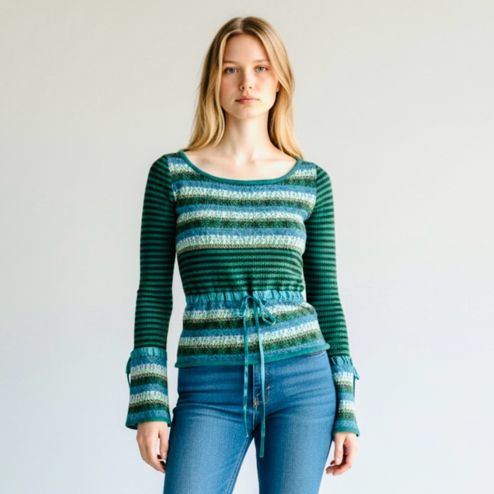 Vintage Boho Knit Trumpet Sleeve Striped Top